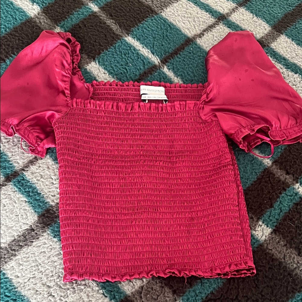 Urban Outfitters Satin Smocked Top in Berry Pink